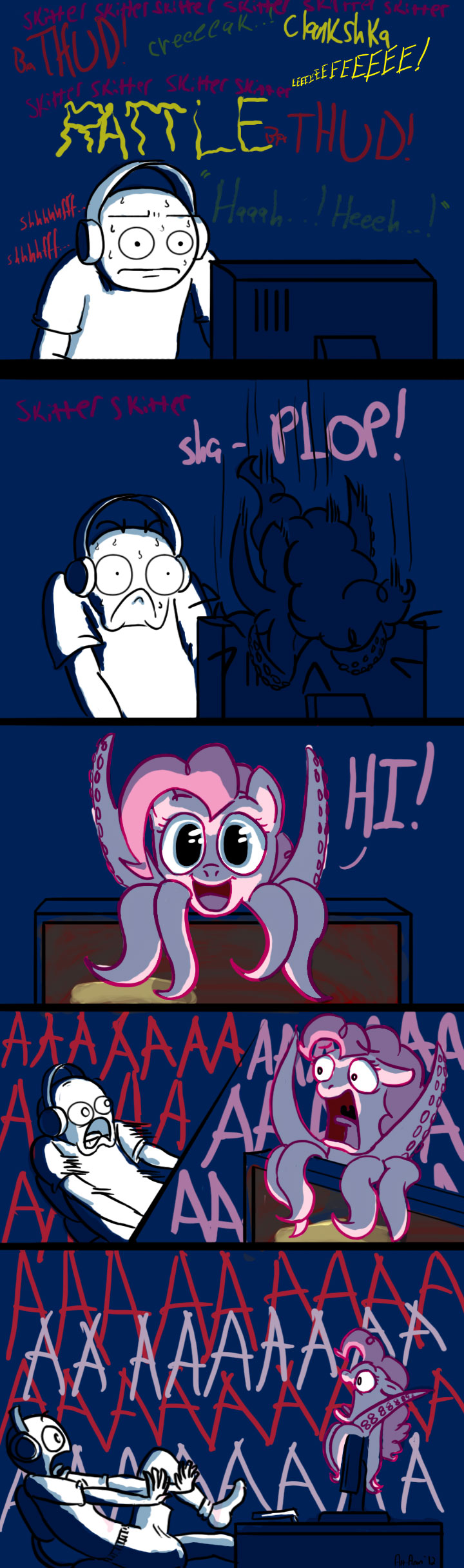art-anon blue_eyes cephalopod comic computer duo equine eyes female friendship_is_magic hair headphones horse human hybrid male mammal my_little_pony octopie octopus pink_hair pinkie_pie_(mlp) pony scared screaming shocked smile surprise sweat text what