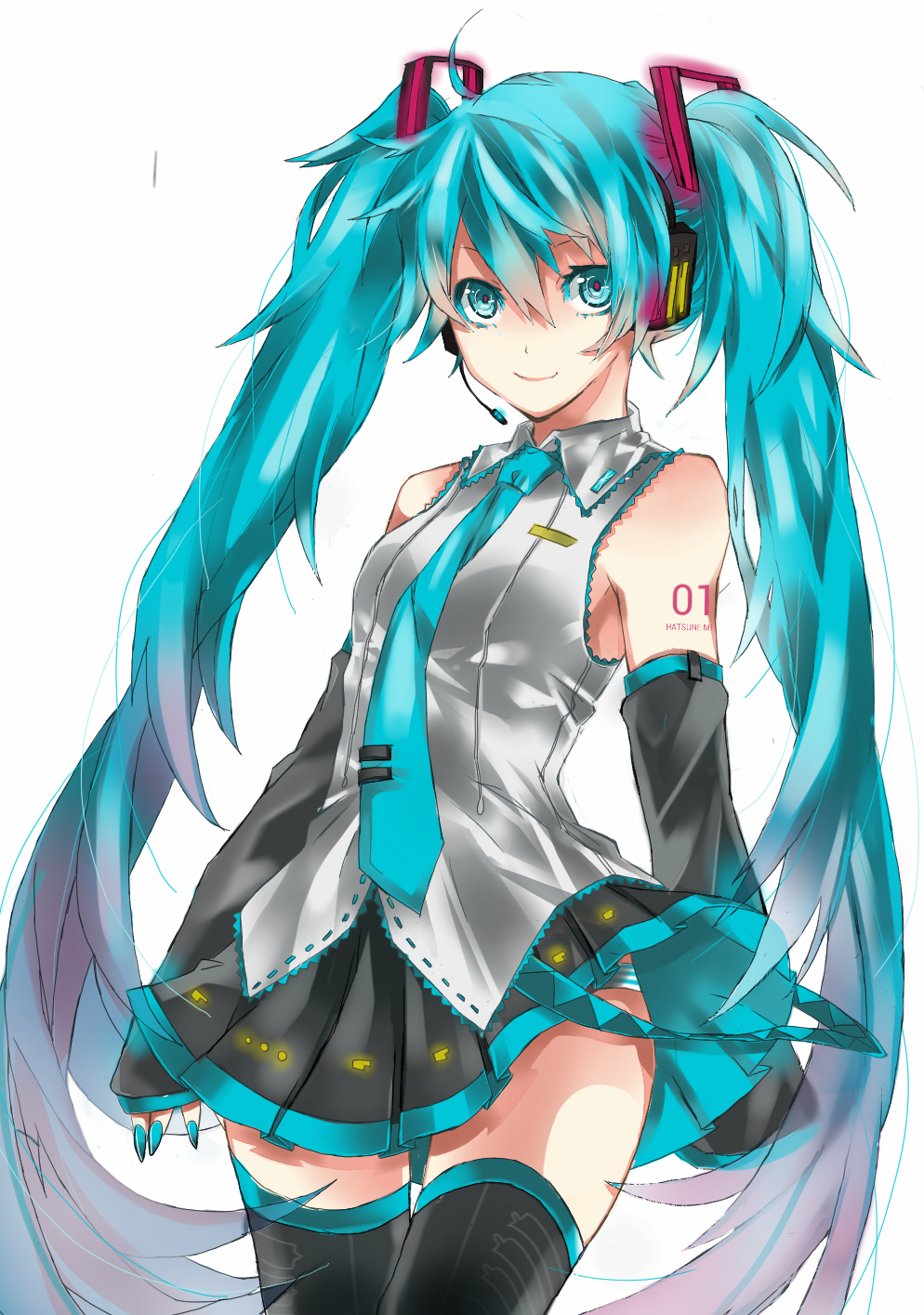 1girl aqua_eyes aqua_hair character_name detached_sleeves hatsune_miku headset highres long_hair skirt smile solo tattoo thighhighs twintails very_long_hair vocaloid white_background
