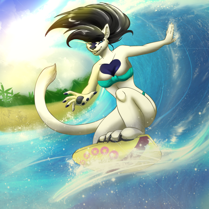 &lt;3 4_toes alestra beach bikini black_hair black_nose blue_eyes blue_marking breasts claws clothed clothing eyes_open female hair hindpaw markings paws seaside smile surfing swimsuit tight_clothing toe_claws water wet wolflady