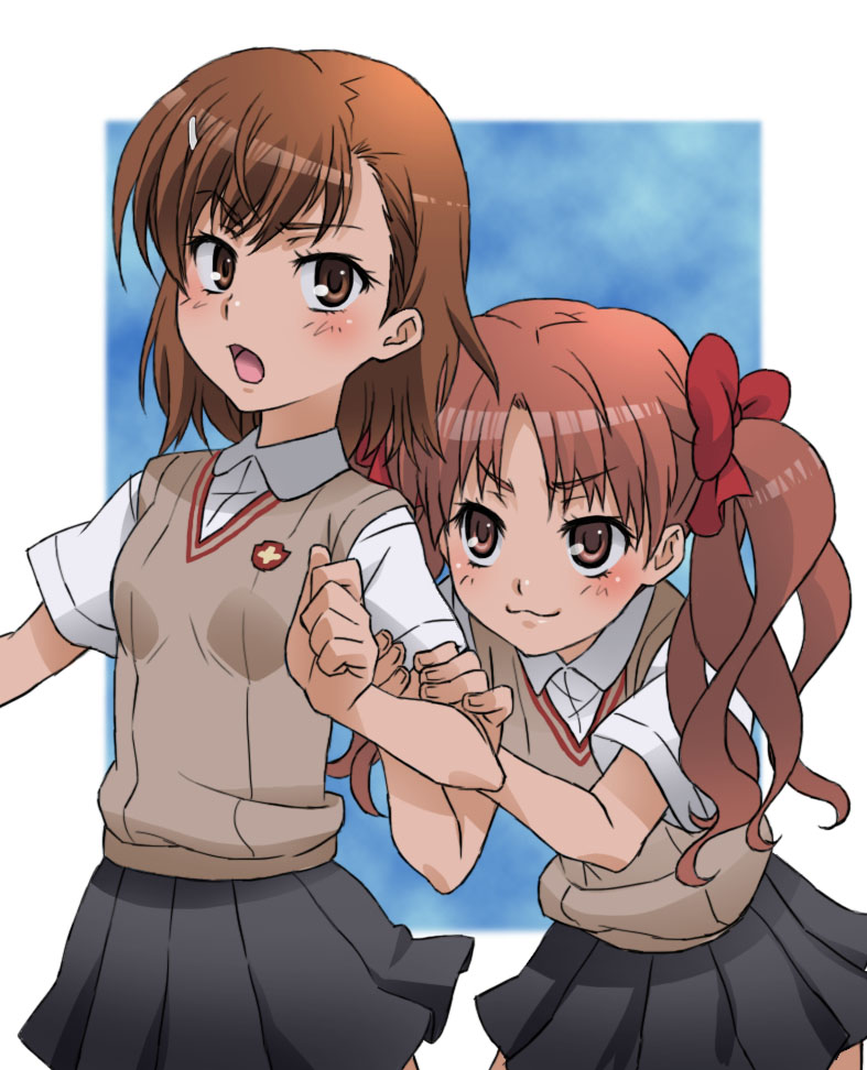 bad_id bad_pixiv_id brown_eyes brown_hair hijiki_(546634) long_hair misaka_mikoto multiple_girls school_uniform shirai_kuroko short_hair to_aru_kagaku_no_railgun to_aru_majutsu_no_index twintails