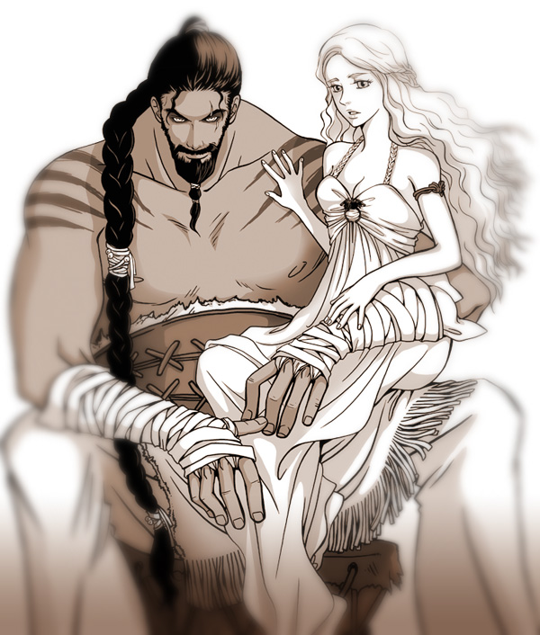 1girl a_song_of_ice_and_fire beard blurry braid couple daenerys_targaryen dark_skin depth_of_field dress facial_hair game_of_thrones hand_wraps hetero khal_drogo long_hair manly monochrome single_braid size_difference yd_switch
