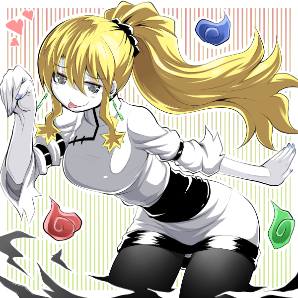 1girl bare_shoulders bent_over blonde_hair breasts chinese_clothes earrings ghost grey_eyes heart hitodama jewelry jiangshi kara_age monster_girl open_mouth original pale_skin pantyhose smile solo tongue tongue_out torn_clothes wide_sleeves yurea_(kara_age)