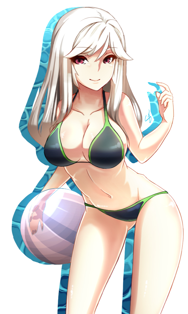 ball beachball bikini breasts cleavage dev large_breasts long_hair looking_at_viewer navel original red_eyes shiny shiny_skin smile solo swimsuit white_hair