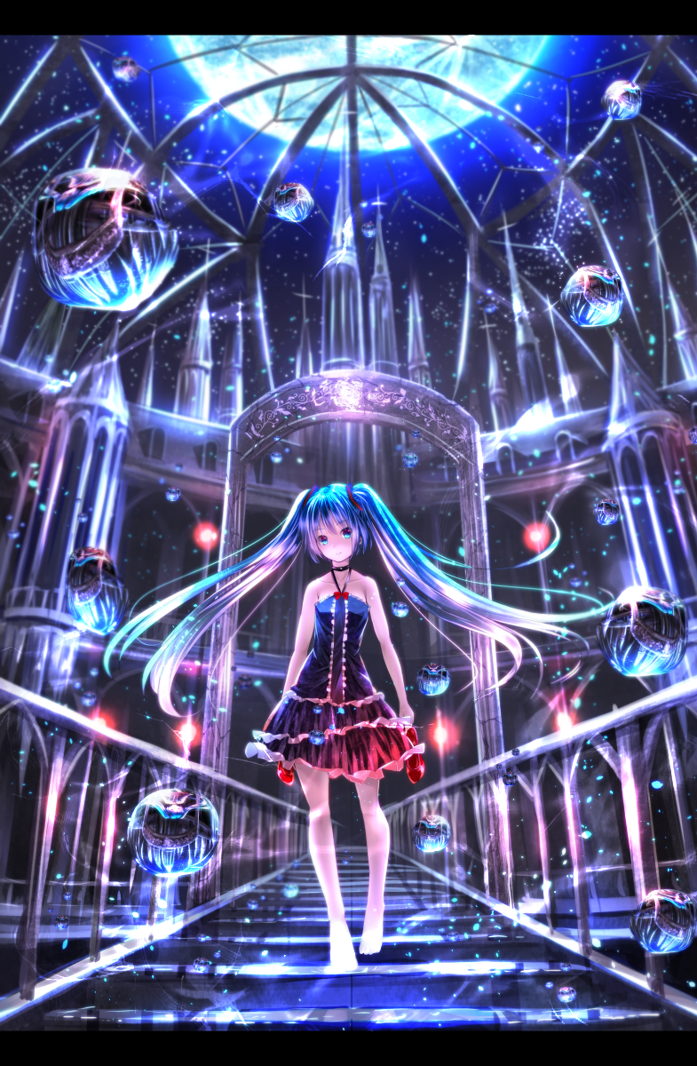 bare_arms bare_shoulders barefoot collarbone dome dress full_moon hair_ornament hatsune_miku highres letterboxed light_particles long_hair looking_at_viewer moon night red_footwear revision ryosios shirt shoes shoes_removed skirt sky sleeveless sleeveless_dress solo sphere stairs star_(sky) starry_sky twintails very_long_hair vocaloid