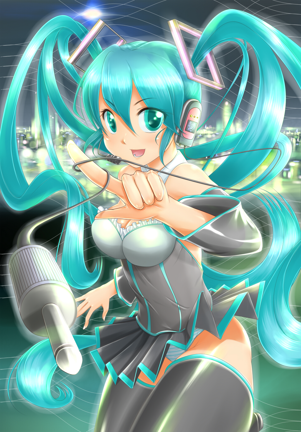 green_eyes green_hair hatsune_miku headphones highres irudana long_hair looking_at_viewer open_mouth panties pantyshot skirt smile solo striped striped_panties thighhighs twintails underwear very_long_hair vocaloid