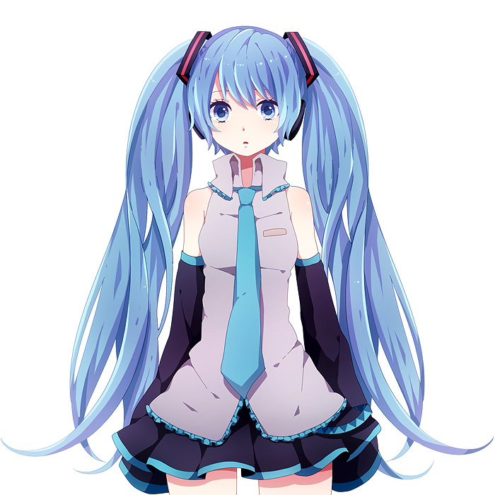 blue_eyes blue_hair detached_sleeves hatsune_miku headphones long_hair necktie shinogo_no simple_background skirt sleeves_past_wrists solo twintails very_long_hair vocaloid white_background
