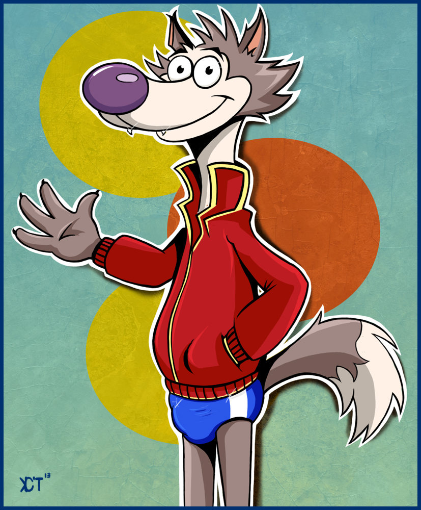 bulge canine cartoon chip_the_wolf chip_wolf cookie_crisp invalid_color jacket kcee male mammal nestle paws pinup pose purple_nose smile speedo swimsuit toony underware underwear white wolf