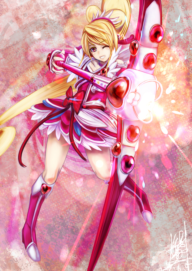 aida_mana blonde_hair boots bow bow_(weapon) choker cure_heart dokidoki!_precure grin half_updo knee_boots kuma_no_hito long_hair magical_girl one_eye_closed pink_eyes pink_footwear ponytail precure red_bow smile solo weapon