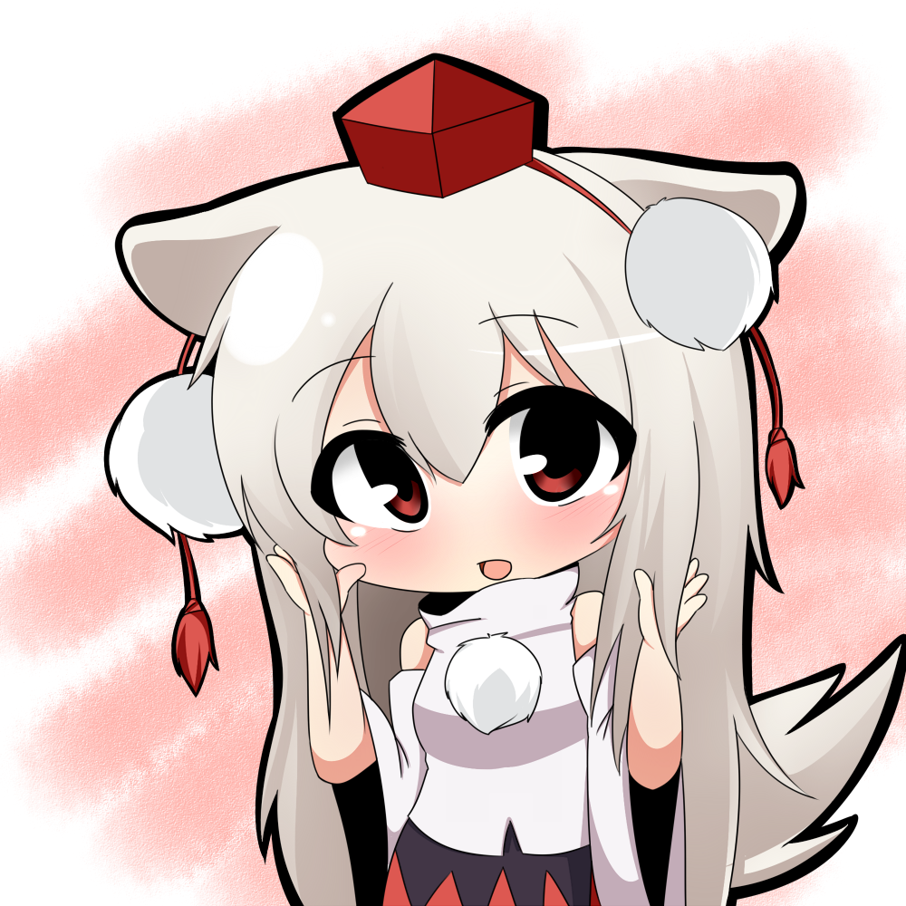alternate_hair_length alternate_hairstyle animal_ears bare_shoulders blush detached_sleeves hat inubashiri_momiji long_hair open_mouth red_eyes skirt smile solo tail tokin_hat touhou twumi white_hair wolf_ears wolf_tail