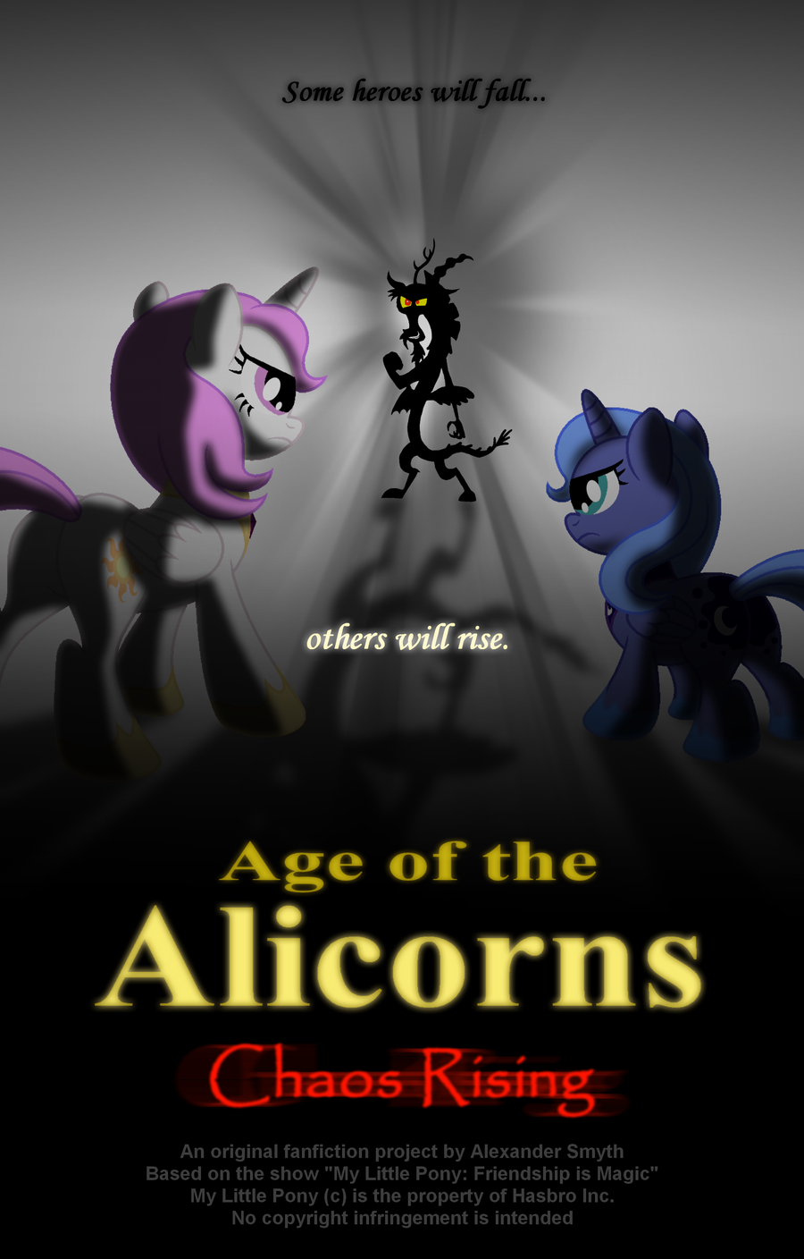 blue_eyes discord_(mlp) english_text equine female feral friendship_is_magic group hair hi_res horn horse male mammal my_little_pony pink_eyes pony poster princess princess_celestia_(mlp) princess_luna_(mlp) royalty silhouette text unicorn winged_unicorn wings