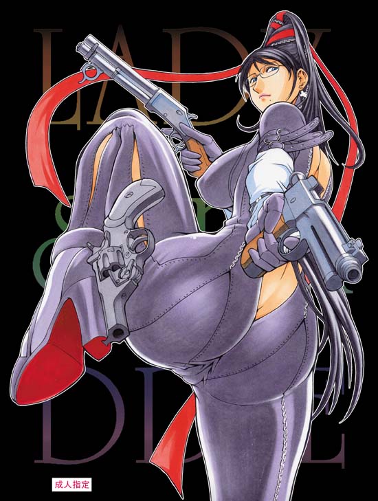 1girl ass bayonetta bayonetta_(character) breasts dual_wielding glasses gun huge_ass large_breasts minyanyako mole solo weapon