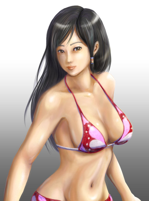 bangs bare_shoulders berujaman bikini black_hair breasts brown_eyes cleavage dead_or_alive floral_print kokoro_(doa) large_breasts lips long_hair navel solo swept_bangs swimsuit