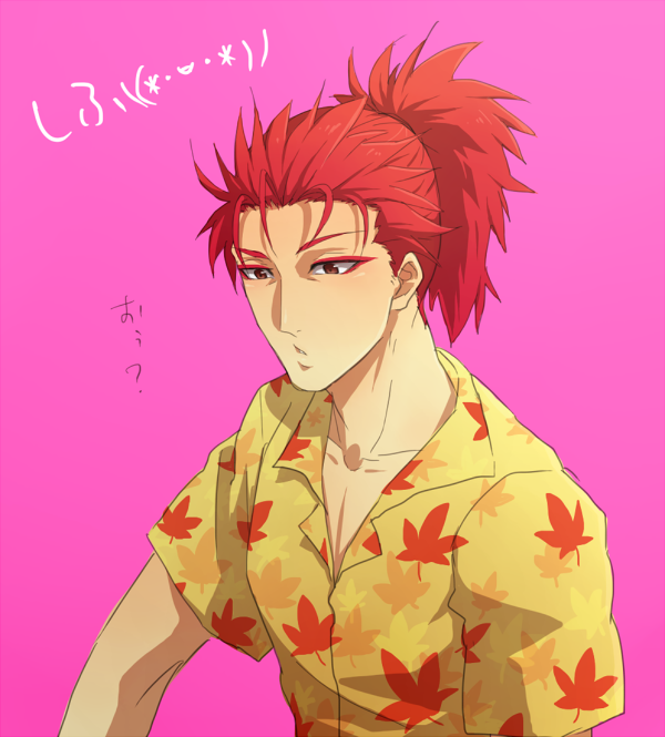 aoimio casual eyeliner fate/extra fate_(series) leaf leaf_print li_shuwen_(fate) makeup male_focus maple_leaf maple_leaf_print ponytail red_eyes red_hair solo