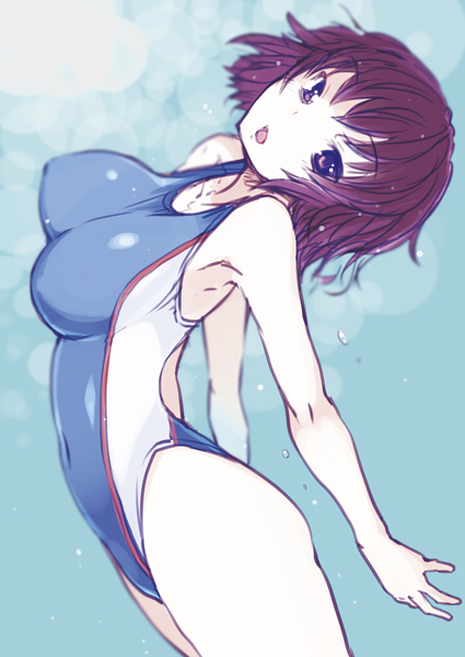 amagami arched_back bare_shoulders bosshi breasts brown_eyes brown_hair competition_swimsuit covered_navel large_breasts nanasaki_ai one-piece_swimsuit open_mouth purple_eyes purple_hair short_hair solo swimsuit