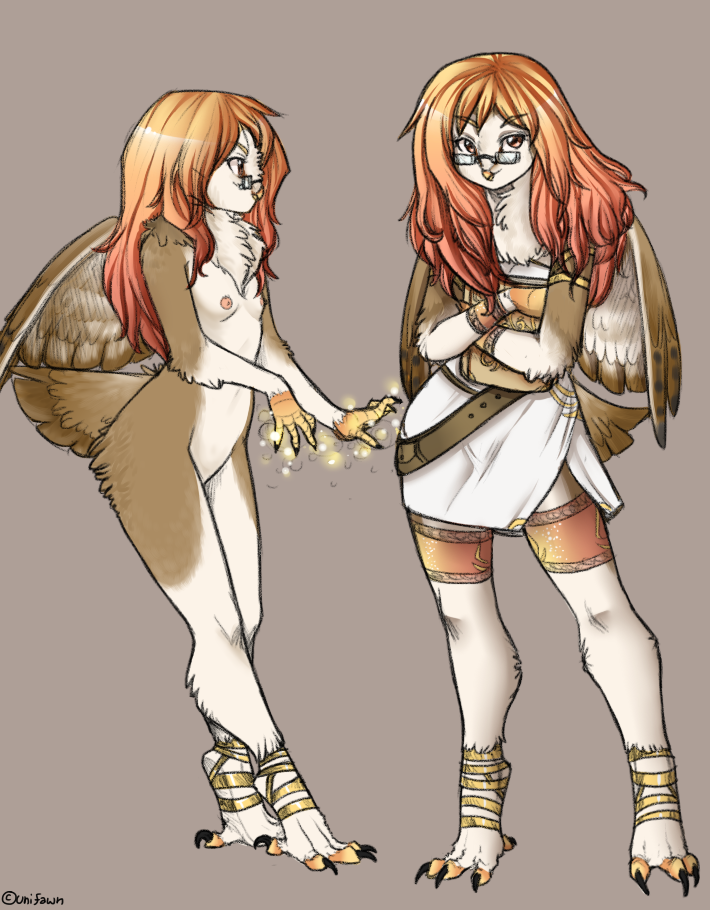 belt breasts chest_tuft claira claws eyewear female fur glasses hair leg_band magic_user nude orange_hair owl red_hair small_breasts solo toga tuft unifawn wings wristband