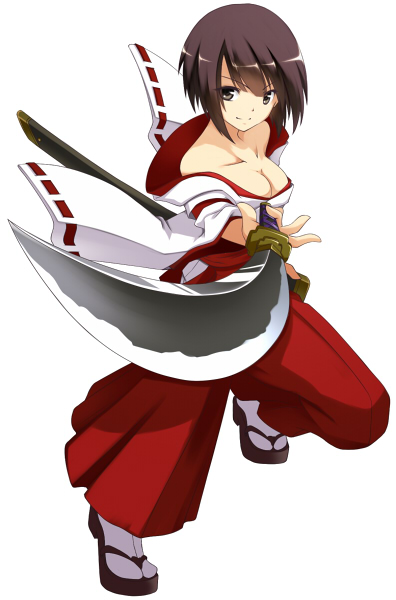 breasts brown_eyes brown_hair choco_la_tea cleavage eiyuu_chronicle japanese_clothes looking_at_viewer medium_breasts miko short_hair simple_background smile solo sword weapon white_background