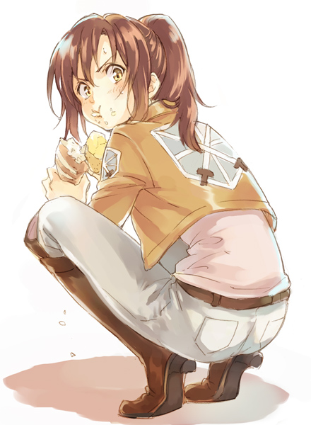 bad_id bad_tumblr_id banned_artist belt boots bread brown_hair crumbs eating emblem food jacket looking_back pants paradis_military_uniform ponytail sasha_braus shingeki_no_kyojin solo squatting training_corps_(emblem) uniform yellow_eyes yuu_(warm_water)