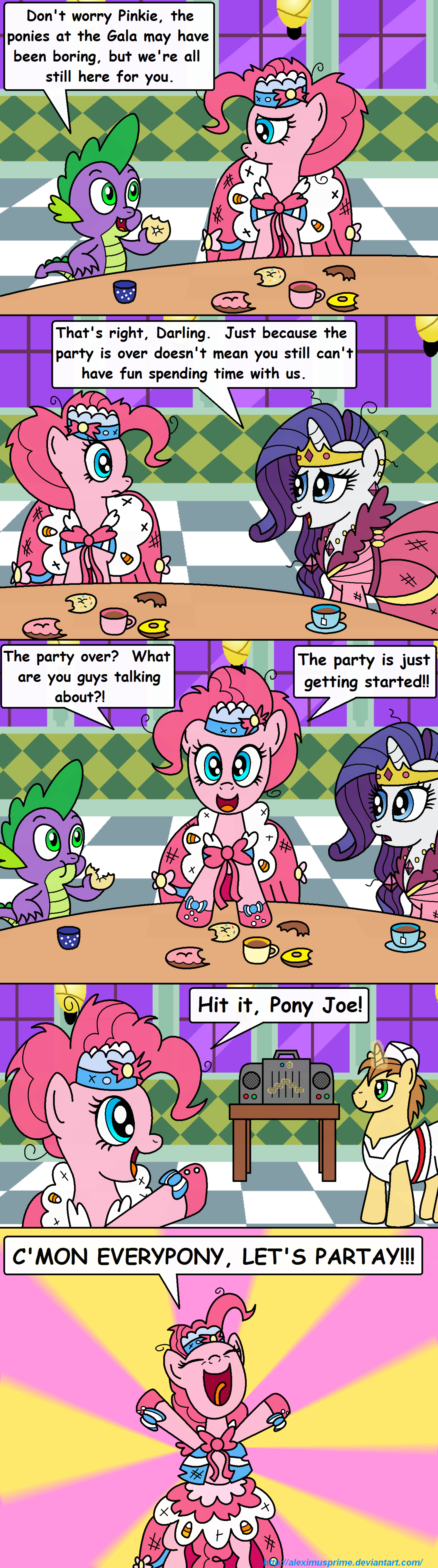 aleximusprime blue_eyes brown_fur brown_hair clothing comic crown cub cutie_mark doughnut_joe_(mlp) dragon dress eating english_text equine female feral food friendship_is_magic fur green_eyes group hair horn horse male mammal my_little_pony open_mouth pink_fur pink_hair pinkie_pie_(mlp) pony princess purple_body purple_hair royalty scalie spike_(mlp) text unicorn white_fur young