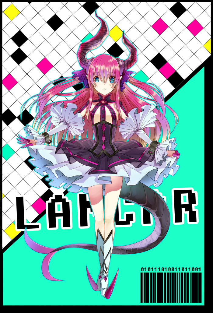 barcode binary blue_eyes claws deba detached_sleeves dress elizabeth_bathory_(fate) elizabeth_bathory_(fate)_(all) fate/extra fate/extra_ccc fate_(series) horns long_hair pink_hair pointy_ears pointy_shoes shoes solo tail two_side_up