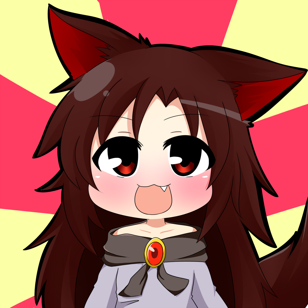 :3 :d animal_ears bare_shoulders blush brooch brown_hair dress fang imaizumi_kagerou jewelry long_hair long_sleeves open_mouth red_eyes smile solo tail touhou twumi very_long_hair wolf_ears