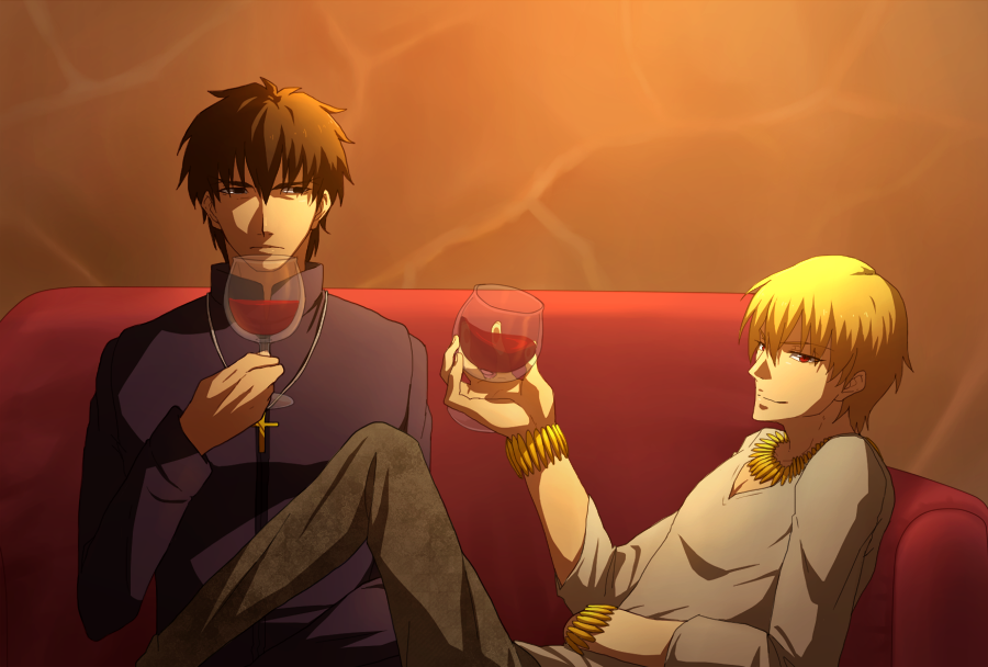 alcohol aoimio blonde_hair bracelet brown_hair couch cross cross_necklace cup drinking_glass fate/zero fate_(series) gilgamesh jewelry kotomine_kirei multiple_boys necklace red_eyes wine wine_glass