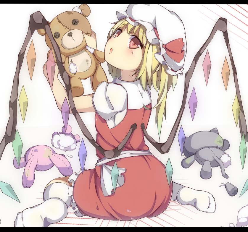 :o baron_(x5qgeh) blonde_hair flandre_scarlet hat letterboxed looking_back red_eyes short_hair side_ponytail sitting skirt skirt_set solo stuffed_animal stuffed_bunny stuffed_cat stuffed_toy stuffing teddy_bear thighhighs touhou wariza white_legwear wings