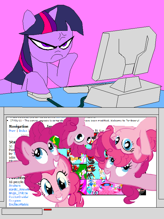 blue_eyes computer english_text equine eyes female feral friendship_is_magic fur group hair horn horse mammal my_little_pony pink_fur pink_hair pinkie_pie_(mlp) pony purple_eyes purple_fur purple_hair smile snile text twilight_sparkle_(mlp) tyrranux unicorn