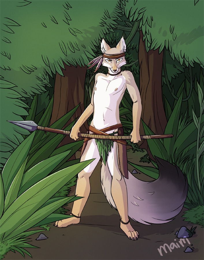 anthro beige_fur canine clothed clothing fluffy_tail fox fur jungle loincloth looking_at_viewer maim male mammal multicolor_fur muscles nipples pecs plantigrade polearm skimpy slim solo spear tan_fur topless tree tribal two_tone_fur