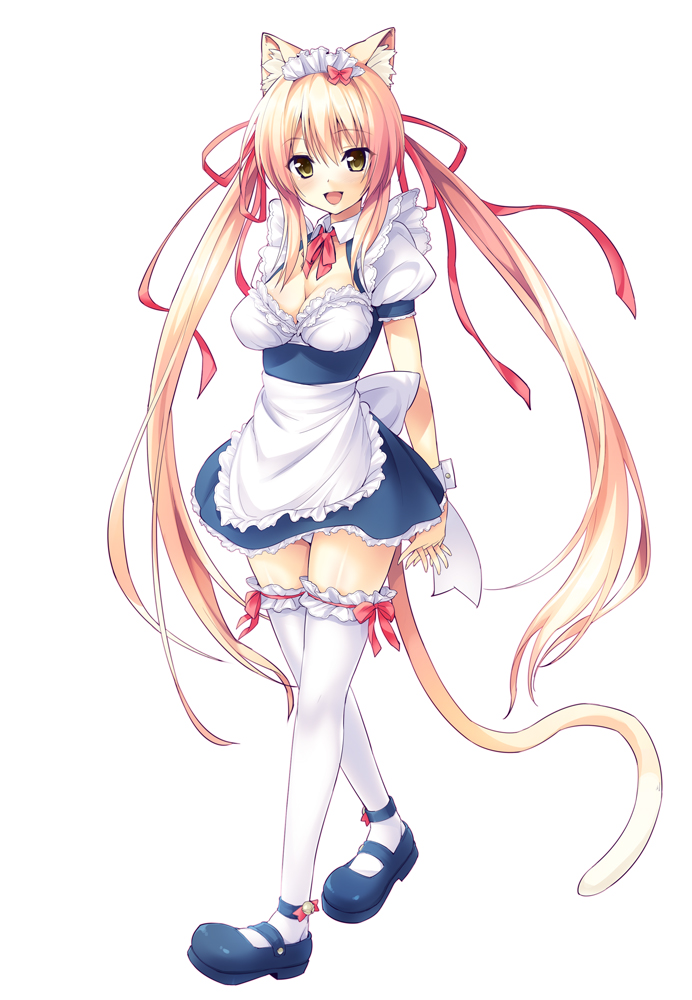 :d animal_ears apron arms_behind_back blonde_hair breasts cat_ears cat_tail cleavage full_body garters hair_ribbon long_hair maid maid_headdress mary_janes medium_breasts open_mouth original oryou panties ribbon shoes simple_background smile solo tail thighhighs twintails underwear very_long_hair white_legwear white_panties wrist_cuffs yellow_eyes
