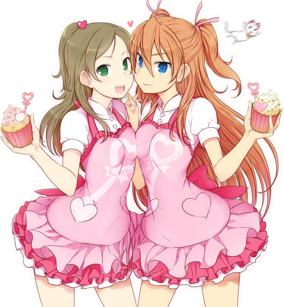 apron blue_eyes blush bow breast_press breasts brown_hair cat cupcake food green_eyes hands_clasped houjou_hibiki long_hair looking_at_viewer minamino_kanade minatsuki_randoseru multiple_girls open_mouth orange_hair own_hands_together pink_bow precure smile suite_precure two_side_up