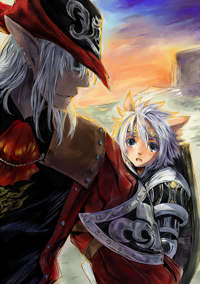 1girl animal_ears armor ascot cat_ears circlet doraeshi elf elvaan final_fantasy final_fantasy_xi hat height_difference highres looking_at_another looking_back mithra paladin_(final_fantasy) pointy_ears red_mage shield short_hair silver_eyes silver_hair