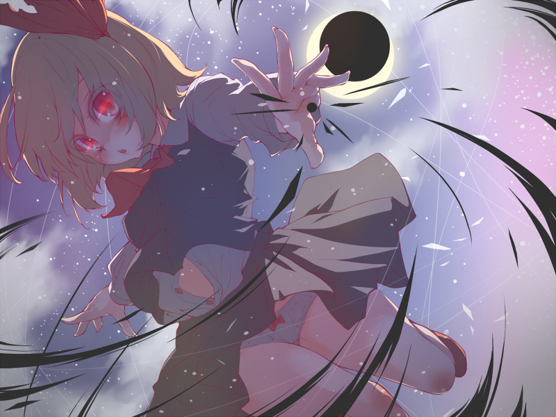 ascot bad_id bad_pixiv_id bare_legs blonde_hair blush darkness demekyon eclipse hair_ribbon open_clothes open_mouth open_shirt outstretched_arm outstretched_hand red_eyes ribbon rumia shirt short_hair skirt solar_eclipse solo touhou