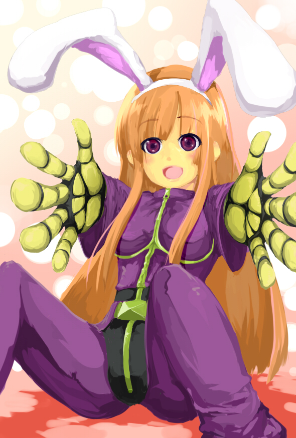 alternate_hair_color animal_ears bunny_ears chaps cropped_jacket fake_animal_ears gloves kula_diamond long_hair luxima orange_hair outstretched_arms purple_eyes sitting smile solo the_king_of_fighters zipper