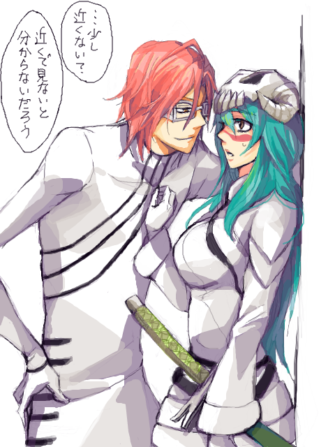 1boy 1girl aqua_hair arrancar bleach breasts espada eye_contact glasses hand_on_another's_chest hand_on_hip katana large_breasts long_hair looking_at_another nelliel_tu_odelschwanck pink_hair sheath sheathed skull smile sweatdrop sword szayelaporro_granz translation_request weapon