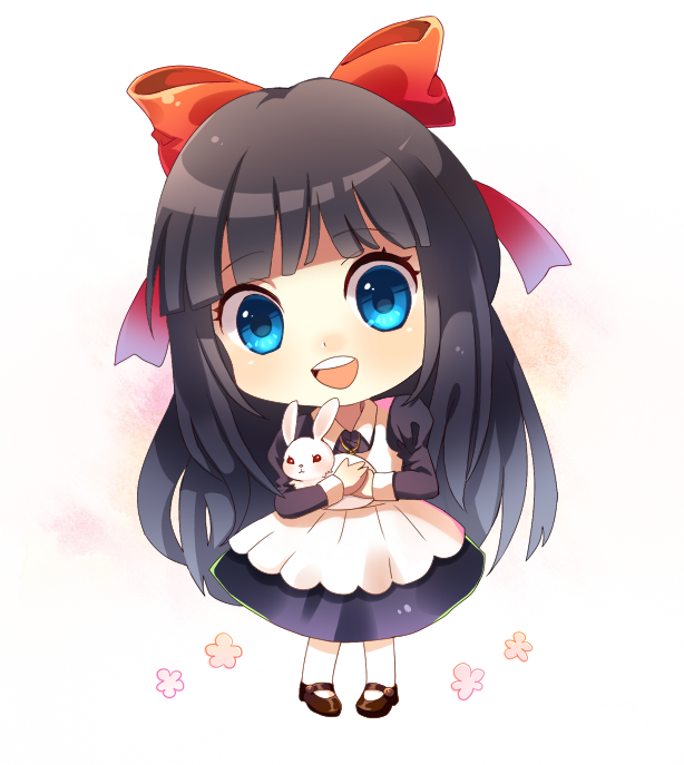 aya_drevis black_hair blue_eyes bow bunny chibi hair_bow long_hair mad_father mao_guo open_mouth pantyhose smile snowball_(mad_father) solo