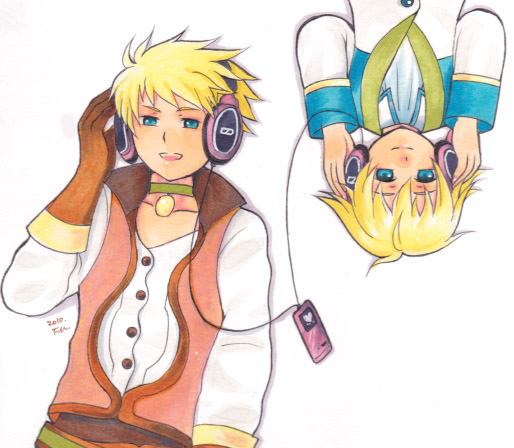 blonde_hair child choker digital_media_player dual_persona fio-mama gloves green_choker green_eyes guy_cecil headphones listening_to_music male_focus multiple_boys rotational_symmetry sennheiser shared_headphones sharing tales_of_(series) tales_of_the_abyss white_background younger