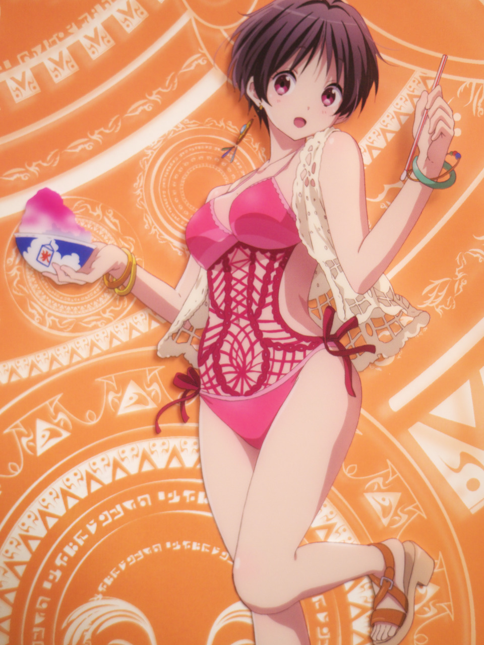 :d artist_request blush bracelet breasts chuunibyou_demo_koi_ga_shitai! cleavage highres jewelry large_breasts leg_up looking_at_viewer official_art open_mouth open_toe_shoes shaved_ice shoes short_hair smile solo standing standing_on_one_leg swimsuit toes tsuyuri_kumin