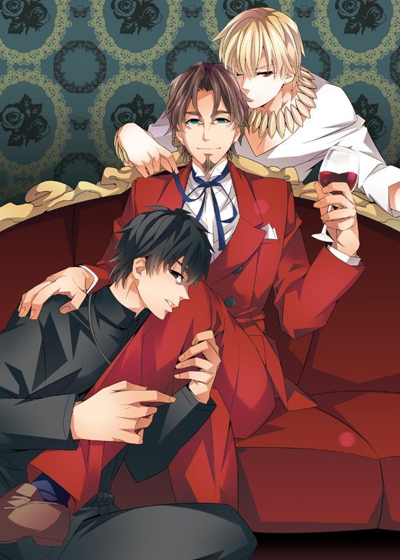 alcohol black_eyes black_hair blonde_hair blue_eyes brown_hair couch cup drinking_glass facial_hair fate/zero fate_(series) formal gilgamesh goatee ichitaka jewelry kotomine_kirei male_focus multiple_boys necklace red_eyes suit toosaka_tokiomi wine wine_glass