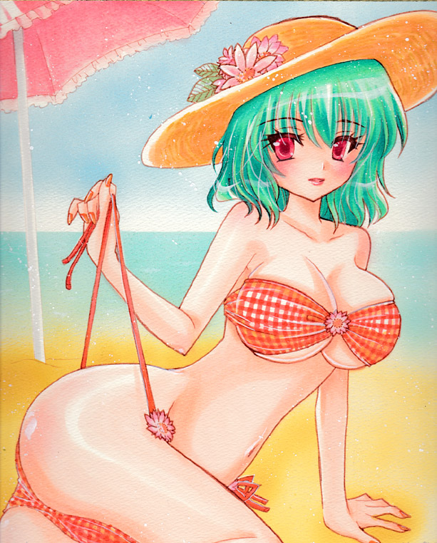adapted_costume arm_support ass bad_id bad_pixiv_id bandeau bangs beach beach_umbrella bikini blush breasts cleavage collarbone crotch day eyelashes fingernails floral_print flower frills from_side green_hair groin hat hat_flower hat_leaf kazami_yuuka large_breasts leaning_forward lips long_fingernails looking_at_viewer marker_(medium) millipen_(medium) mitsuba_(threeleaf) nail_polish navel ocean on_ground outdoors parted_lips pastel_(medium) plaid plaid_bikini reclining red_bikini red_eyes red_nails short_hair side-tie_bikini sky solo straw_hat sun_hat swimsuit touhou traditional_media umbrella underboob undressing untied untying water
