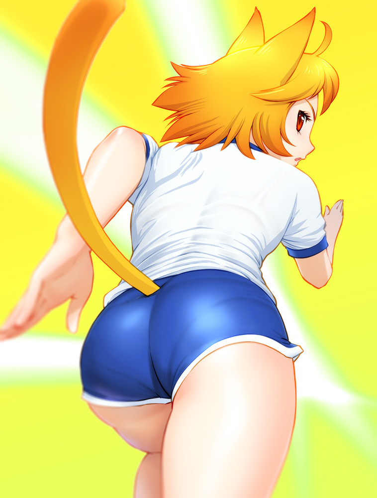 animal_ears ass cat_ears cat_tail from_behind gym_uniform looking_back motion_blur orange_hair original pantylines red_eyes running shorts solo tail tail_through_clothes ueyama_michirou