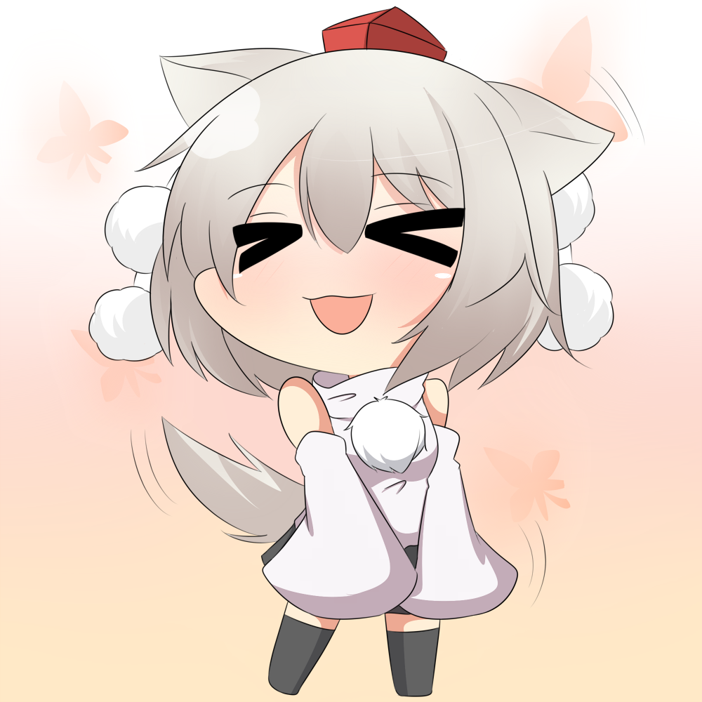 &gt;_&lt; :d animal_ears bare_shoulders black_legwear blush closed_eyes detached_sleeves hat inubashiri_momiji open_mouth short_hair skirt smile solo tail tail_wagging thighhighs tokin_hat touhou twumi white_hair wolf_ears wolf_tail xd