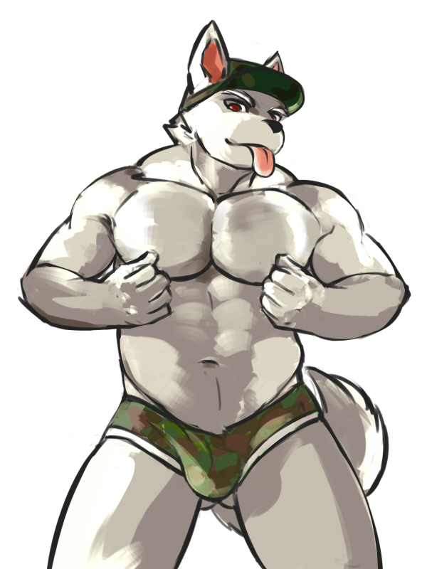 ainro biceps big_muscles bulge camo canine hat male mammal muscles nipple_play pecs red_eyes solo tongue topless underwear wolf