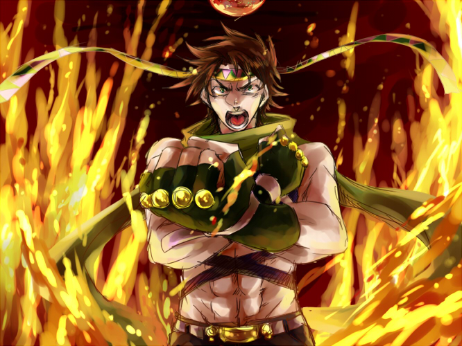 brown_hair clenched_hands fingerless_gloves fire foreshortening gloves headband jojo_no_kimyou_na_bouken joseph_joestar_(young) kamuinii male_focus midriff scarf solo