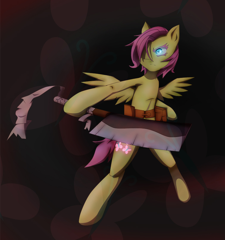 anthro anthrofied arthropod belt butcher butterfly cleaver creepy cutie_mark cyan_eyes dark equine female fighter fluttershy_(mlp) friendship_is_magic fur glowing glowing_eyes hair hair_over_eye hannia horse insect knife mammal my_little_pony pegasus pink_hair pony pouch short_hair simple_background solo weapon wings wraps yellow_fur