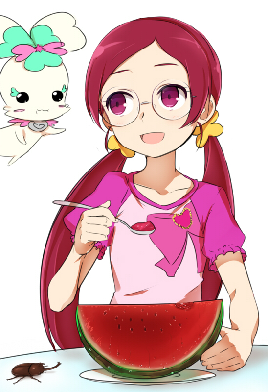 :d beetle bow bug chypre_(heartcatch_precure!) dish food fruit glasses hanasaki_tsubomi heartcatch_precure! insect long_hair minatsuki_randoseru open_mouth pink_bow precure red_eyes red_hair simple_background smile solo spoon table twintails watermelon white_background