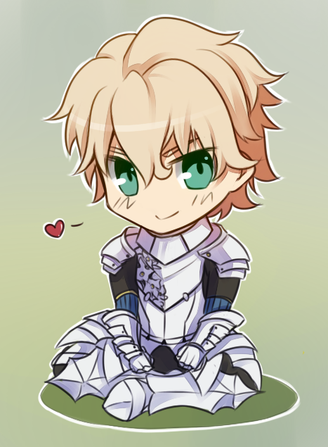 armor blonde_hair chibi fate/extra fate_(series) gawain_(fate/extra) green_eyes heart male_focus no_nose non-web_source solo tusia
