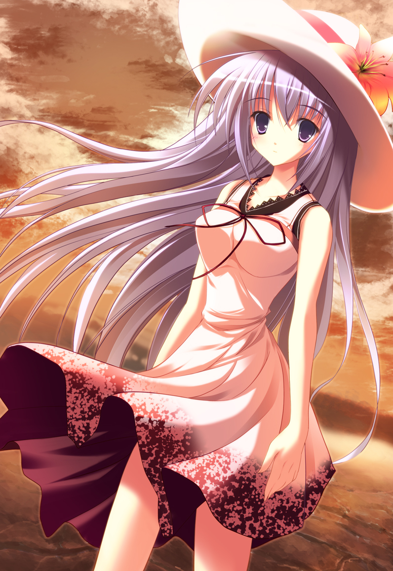 bad_id bad_pixiv_id dress fuyuki_rito hat long_hair original purple_eyes purple_hair sky solo