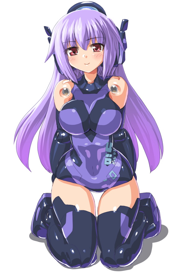 arms_behind_back bangs bare_shoulders black_gloves black_legwear blush boots breasts busou_shinki covered_navel dd_(ijigendd) doll_joints elbow_gloves gloves headgear hips kneeling large_breasts leaning_forward leotard light_smile long_hair looking_at_viewer number purple_hair purple_leotard red_eyes shadow simple_background slender_waist smile solo tempesta thigh_boots thigh_gap thighhighs very_long_hair white_background