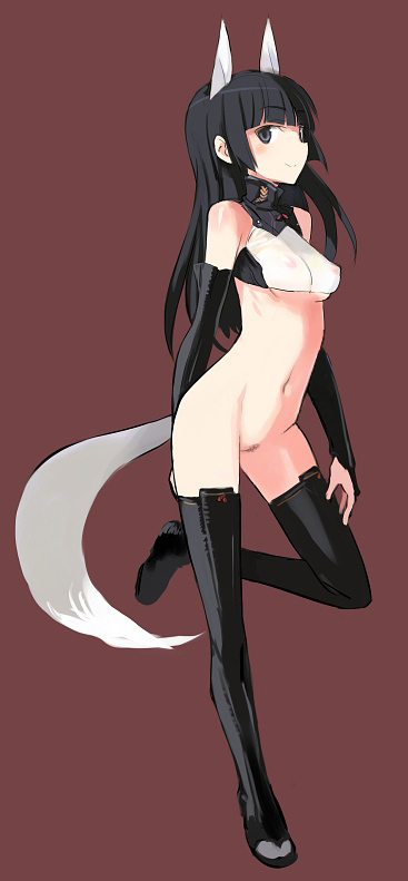 anabuki_tomoko animal_ears bare_shoulders black_eyes black_hair bottomless breasts long_hair navel shimada_fumikane simple_background small_breasts smile solo tail third-party_edit world_witches_series