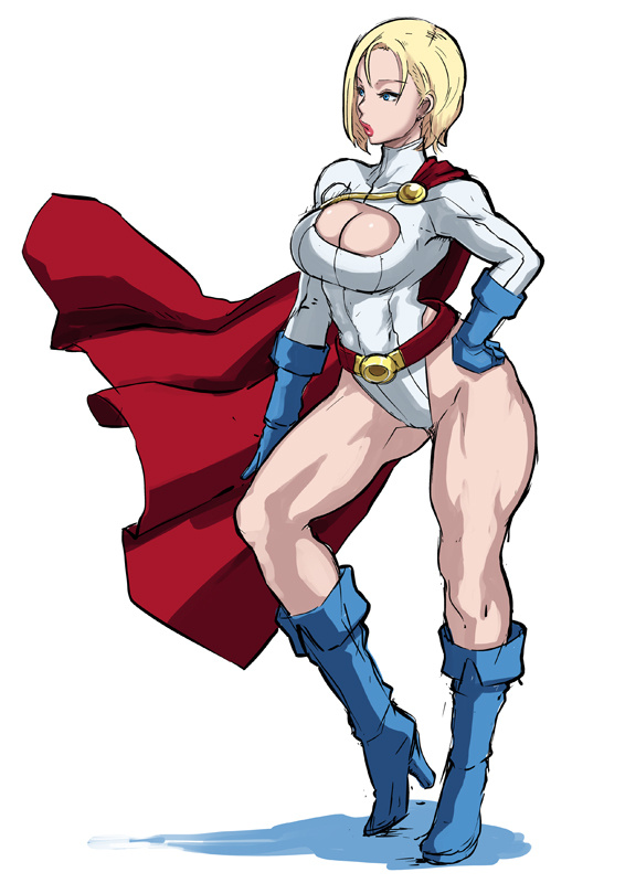 belt blonde_hair blue_eyes blue_footwear blue_gloves blue_legwear boots breasts butcha-u cape cleavage cleavage_cutout dc_comics from_side full_body gloves groin hand_on_hip high_heels highleg highleg_leotard knee_boots large_breasts leotard lipstick looking_afar loose_belt makeup muscle parted_lips power_girl red_cape red_lipstick ribbed_leotard shadow short_hair simple_background sketch solo spread_legs standing superhero thick_thighs thighs tiptoes turtleneck white_background wide_hips